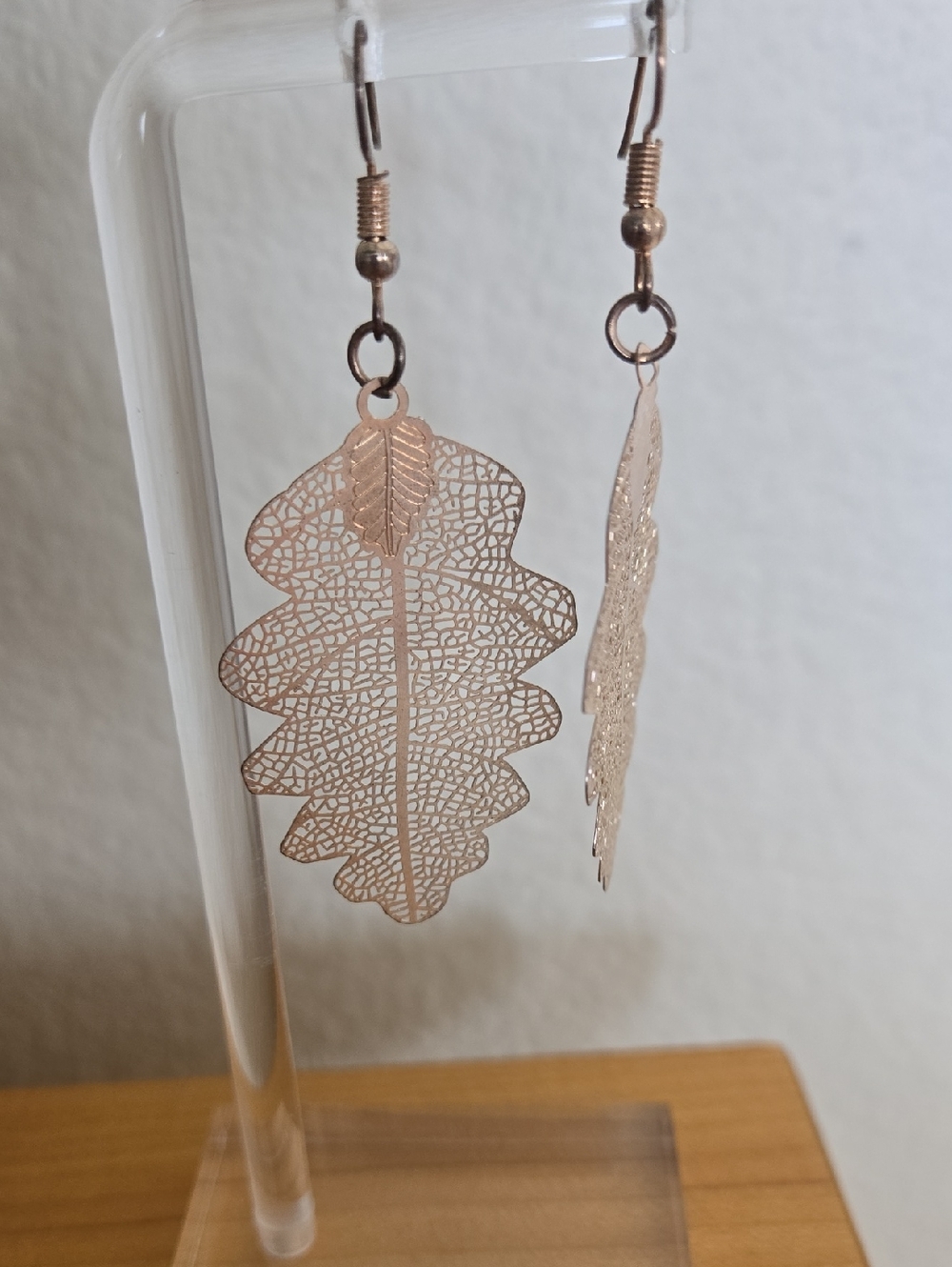 Delicate Filigree Leaf Drop Earrings - Rose Gold Tone